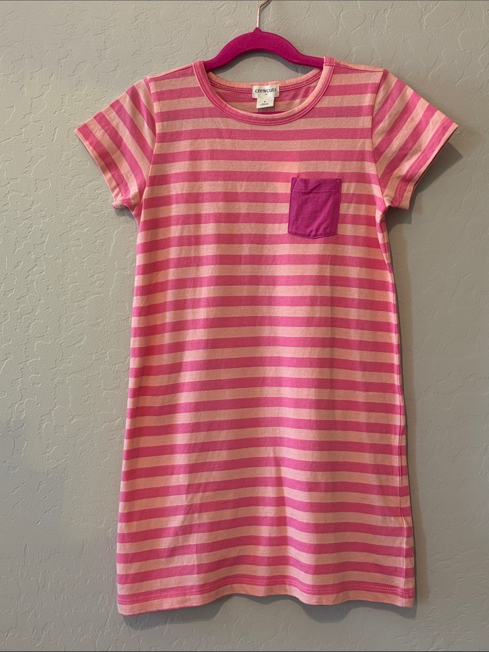 Crewcuts Pink and Light Pink Striped Short-Sleeve Dress with Magenta Pocket